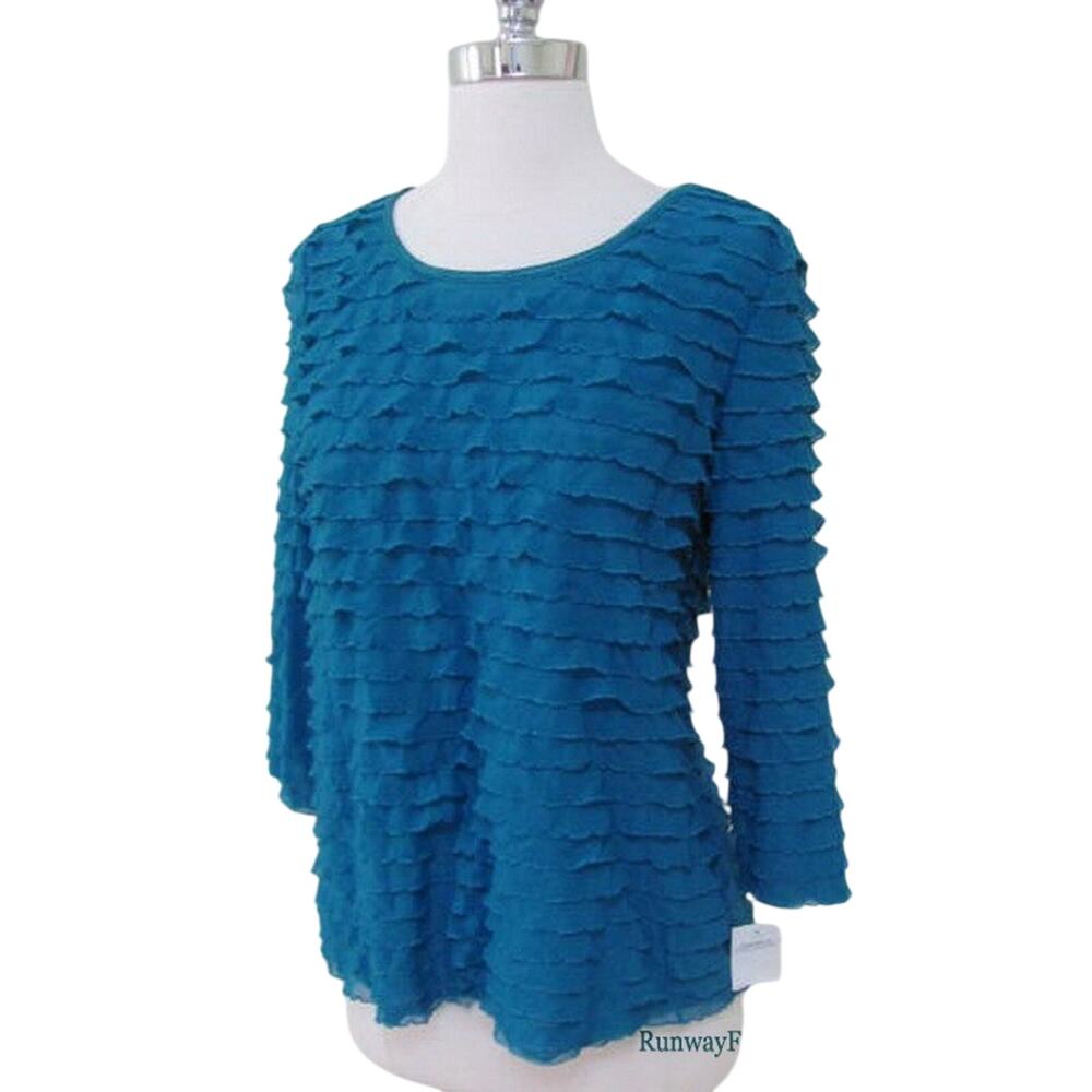 Usa New ELEMENTZ Womens Misses Size Small Blue Ruffle Tiered Stretch Tee Top